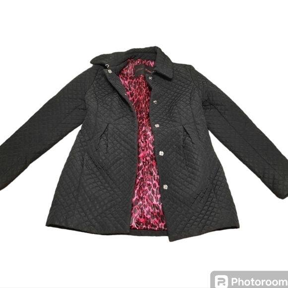 Betsey Johnson Womens Quilted Jacket Black Back Bow Pink Camo Lining Small - Picture 1 of 8